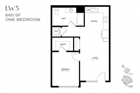 Floor plan for 1 bed, 1 bath, 660 sqft